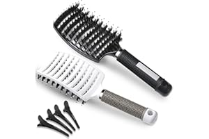 ‎LICTIN Lictin 2 Stück Haarbürste ohne Ziepen, Haarbürste für Damen, Herren & Kinder, Haarbürste Wildschweinborsten für Locken & Lange Haare, Natur Antistatisch Entwirrbürste mit 4 Haar Klammer, Schwarz+Weiß