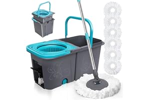 MASTERTOP Balai à Franges et Seau Essoreur à Pédale, Seau Empilable de 2 Bacs à l'eau Sale Séparée, Serpillière Rotative 360° avec Manche Téléscopique, 6 Tampons Microfibre
