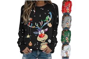 Nuoke Pull de Noel Femme,Pull Noel Femme,Renne de vin décontracté et Confortable à Manches Sweats Longues et imprimé Tendance Femmes