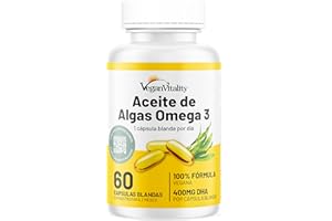 Omega 3 Vegano Aceite de algas de Vegan Vitality: 400mg de DHA por cápsula. 60 cápsulas, 2 meses de suministro. Vitaminas vegetarianas puras a base de plantas