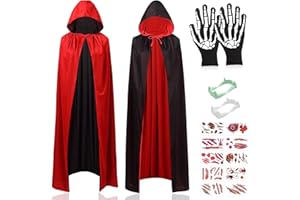 Sunshine smile Halloween Kostüm Kinder,Umhang Vampir 120,10 Blatt Halloween Tattoo Gesicht,Schwarzer Umhang mit Kapuze,Hexen Umhang Kinder,Halloween Umhang,Halloween Cape Vampir Kostüm für Cosplay
