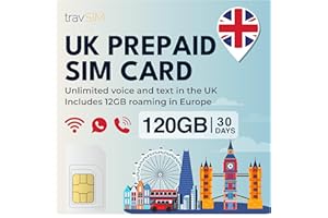 travSIM UK SIM Card | 120 GB di dati + chiamate e SMS illimitati nel Regno Unito | 12 GB di roaming in Europa | Velocità 4G/5G elevate | Valida per 30 giorni