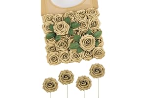 N&T NIETING Rose decorative con fiori artificiali, 25 pezzi, in oro brillante, con rose, con gambo, per decorazioni natalizie, matrimoni, decorazioni per la casa