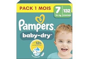 Pampers Baby-Dry, Taille 7, 132 Couches, 15kg+, Une Nuit Jusqu’À 100% Sans Fuites, Pack 1 Mois