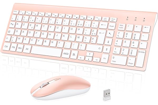 cimetech Ensemble Clavier Souris sans Fil, Pack Clavier Souris AZERTY Français, Ultra-Fins Silencieux Clavier et Ergonomique Souris Combo, Connexion 2.4 GHz, pour PC/Portable/Ordinateur (Rose)