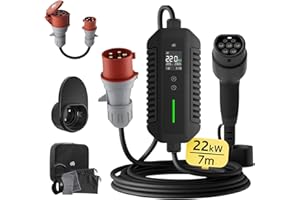 ‎DÉ Kabel ładujący Type 2 CEE 22kW [3-Fazowy| 7m| 6-32A] z Regulowaną mocą ładowania, dé ładowarką EV i Mobilną stacją ładowania/Wallboxem dla ID.3, ID.4, ID.5, Model Y, Model 3, e-up, e-tron, Zoe itp