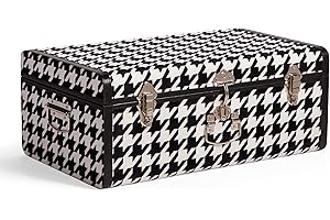 Spinningfield Hounstooth Storage Trunk – Faux Leather Storage Chests with Silver Handles & Velvet Lining, Stylish Storage for Bedroom, Living room, Dressing room