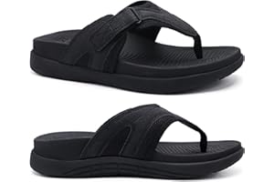 COFACE Mens Flip Flops with Arch Support Comfortable Leather Beach Sandals for Men Orthopedic Thick Cuhsion Adjustable Man Flip-flop Outdoor