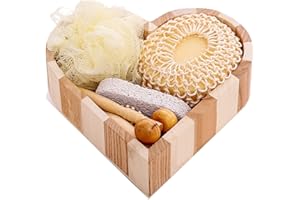 ONLY50 Caja madera forma de corazón para el cuidado personal. 6 piezas. Piedra pómez, esponja de sisal, cepillo de pelo masajeador de madera,. Regalo original mujer