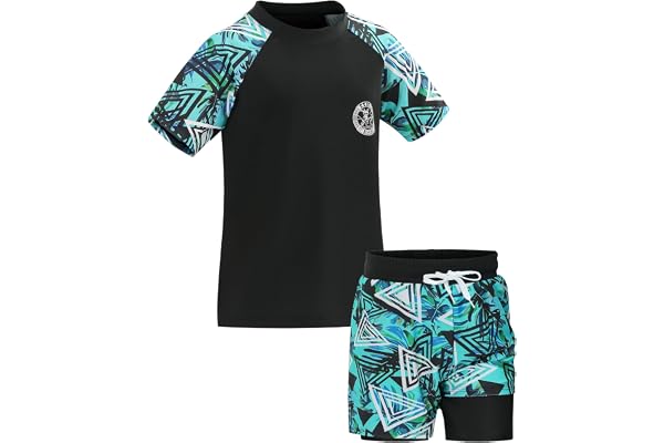 KAKU NANU Badset för pojkar (104–164 cm) 2-delad kortärmad Rashguard-skjorta med dubbla lager badshorts solskydd simkläder fö
