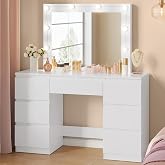 WOLTU Makeup Vanity with Large Mirror and LED Light, 7 Drawers | Dimmable Light, Width 107 cm, Wide Storage Space, Wooden Dre