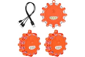 Amzpas USB Rechargeable LED Road Flares Emergency Lights-Roadside Warning Car Safety Beacon Flashing Disc Flare Kit with Magnetic Base & Hook for Vehicles & Boat(3 Pack-Orange Light)