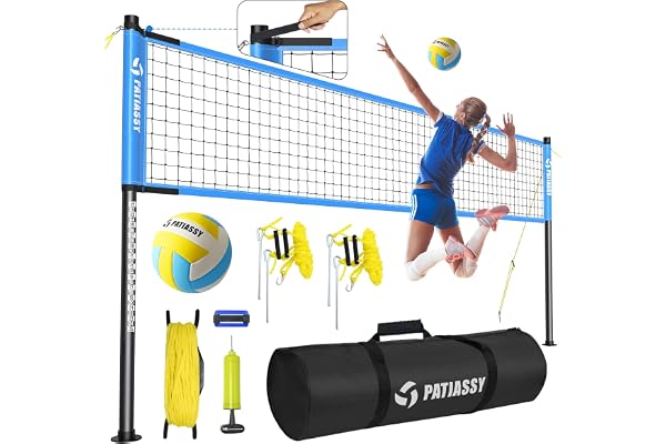 Patiassy Filet de volleyball professionnel et système de balles pour la plage, le jardin, avec poteaux en acier à hauteur réglable, filet en nylon solide, volleyball en polyuréthane et sac de