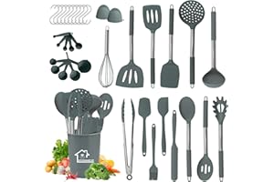 WINNIW Kitchen Utensils Set Silicone, 27-pcs Kitchenware, Non-Stick Heat Resistant Cooking Utensils Set, Stainless Steel Handle, BPA Free, Non-Toxic, Cooking Gifts - Best Kitchen Tool Gadgets(Grey)