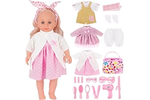 deAO Zestaw do zabawy dla lalek dla niemowląt, zestaw do zabawy dla lalek 36 cm, 3 stroje, 1 tote i akcesoria dla lalek do czesania i układania, lalka z długimi włosami, wspaniała zabawka do