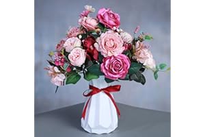 WAKISAKI Arreglo artificial de flores de imitación en jarrón de cristal para el hogar, oficina, negocios, noche romántica San Valentín, día de la madre, aniversarios (rojo violeta con rosa claro)