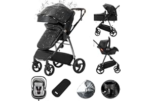 Kakbgee Cueros Cochecito Combinado 3 en 1, Cochecitos Citadines con asiento de coche ECE R129, cochecito portátil plegable con un clic, capazo flexible convertible marco de aluminio para recién