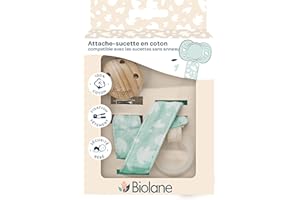BIOLANE - Attache tétine bébé - Pour tétine anatomique - Tissu 100% coton - Vert Menthe - Fixation Silicone - Clip en bois et métal - Double Sécurité & Anti-glisse