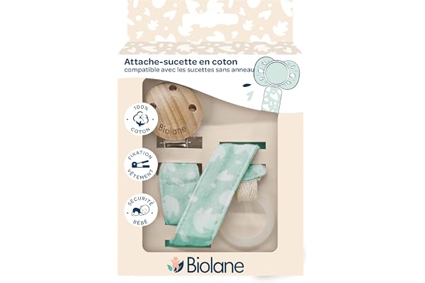 BIOLANE - Attache tétine bébé - Pour tétine sans anneau - Tissu 100% coton - Vert Menthe - Fixation Silicone - Clip en bois et métal - Double Sécurité & Anti-glisse