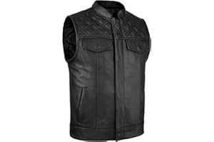 Leatherick Groove Club SOA estilo Chaleco de motocicleta de cuero genuino negro para hombre - Chaleco de transporte oculto con costuras de diamante