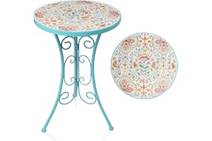 MUMTOP Mosaic Outdoor Side Table - Round Patio Table, Palace Style Glass Accent Round End Table, Plant Stand Indoor Small Coffee Table for Garden or Living Room Decor