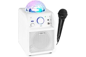 Vonyx SBS50W Enceinte Karaoké avec Microphone - Blanche, Fonction Bluetooth et Effet Lumineux LED, Autonomie 3-4h Max, Jelly Ball, Boule Disco, Parfait pour Une Soirée Entre Amis/Famille