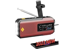 【2023 Version】 iRonsnow Radio d'urgence solaire, Batterie Externe Rechargeable 2000mAh AM/FM Radio à Manivelle, Dynamo Manivelle Portable Radio LED Lampe de Poche pour la Randonnée, le Camping (Rouge)