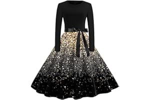 GENERISCH Weihnachtskleid Damen Kleid Weihnachten mit Druck Lustig Festlich Partykleid Elegant Abendkleider A-Linie Rockabilly Cocktailkleid Rundhals Langarm Christmas Dress