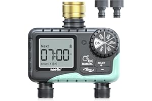RAINPOINT Programador Riego 2 Salidas con Entrada de Latón, Temporizador de Riego Automatico con Retraso por Lluvia/Riego Manual, Programador de Riego a Pilas para Jardín, Césped