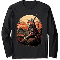 T-shirt Japonais Samouraï Chat - Design Manga, Coton, Manches Courtes - Taille S-XXL, Noir