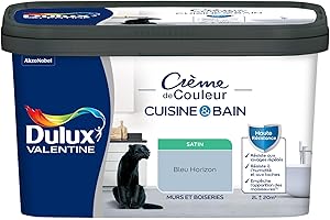 Dulux Valentine Peinture Intérieure Crème de Couleur Cuisine et Salle de Bain - Pièces Humides Murs et Boiseries - Résistant aux taches et à l'humidité - Satin Bleu Horizon 2 L