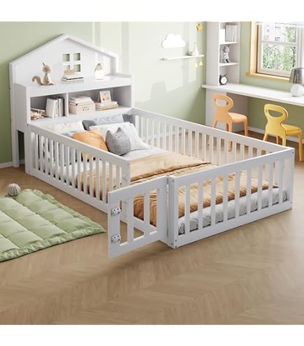 Kinderbett Bodenbett 140x200 Mit Staufach & USB | Montessori Style | Grau