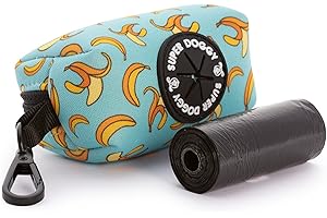 SUPER DOGGY Distributeur de sacs à crottes pour chiens - Porte-sac à crottes avec motifs amusants - Sacs à crottes pour chiens - Rouleau de sacs inclus (Blue Bananas)