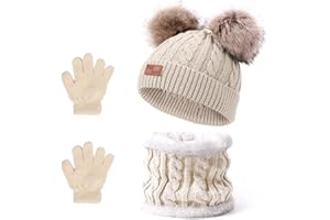 Balakaka Cappello Guanti Sciarpe Set Bambino Invernale, 3 in 1 Carino Caldo Berretto Lavorato in Maglia con Pompon, Morbido Caldi Guanti Cappelli Inverno per Bambina Bambini Ragazzo Ragazza 2-8 Anni