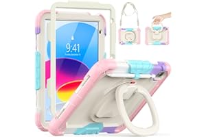 SEYMCY Kids Case for iPad 10th Generation Case 10.9 inch 2022, Shockproof Case with Screen Protector, 360° Rotating Handle Stand, Carrying Strap, Pencil Holder for iPad 10 Gen Case Kids, Pink