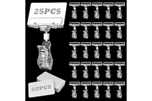 BILIPLE 25 Pcs Kunststoff Drehbare Schildhalter mit 50 Preisschilder, Merchandise Preisschilder Aufsteller, Preisschild Halter zum Klammer, Tischkartenhalter für Supermarkt Preisanzeige Memo Visitenkarten