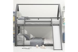 KecDuey Hochbett 140x200cm,Doppelbett Kinderbett Hausbett Etagenbett mit Rutsche und Leiter, Kinderzimmer Hoch-Doppel-Stockbett (Grau)