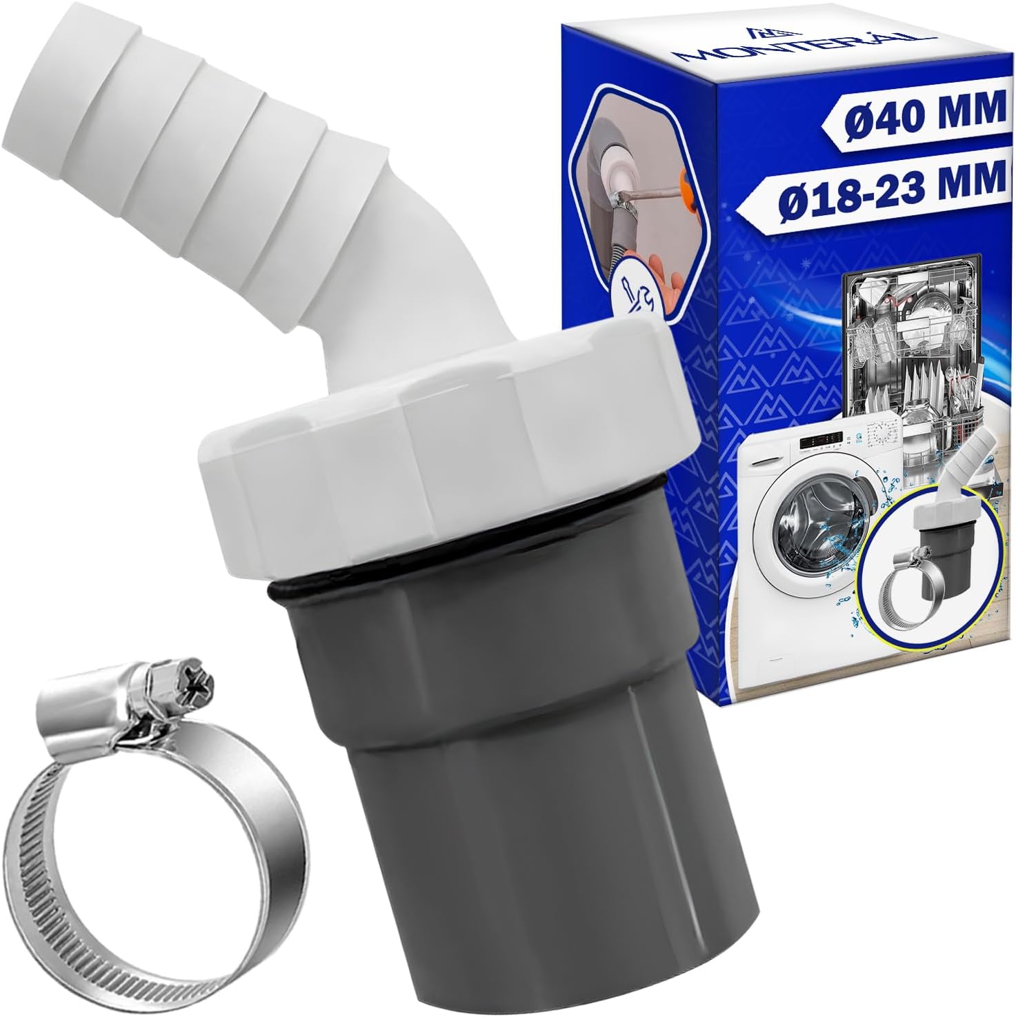Adaptador Empalme Desague Lavadora con Salida para Tubo Ø40 mm y Entrada Ø18-23 mm - Adaptador Desagüe para Lavavajillas Incluye 1 Pieza de Abrazadera Ø20-32 mm - Garantía de 10 Años - MONTERAL