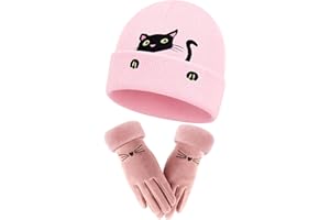 Geyoga Berretto Invernale da Donna con Orecchie di Gatto e Caldi Guanti Cappello Lavorato a Maglia e Uncinetto Intrecciato e Guanti per Natale e San Valentin