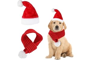 AIYORSE Christmas Dog Santa Hat and Scarf Set - Adjustable with White Pompom Ball, Winter Neck Warmer Costume for Cats and Small Dogs (53cm/20.9in)