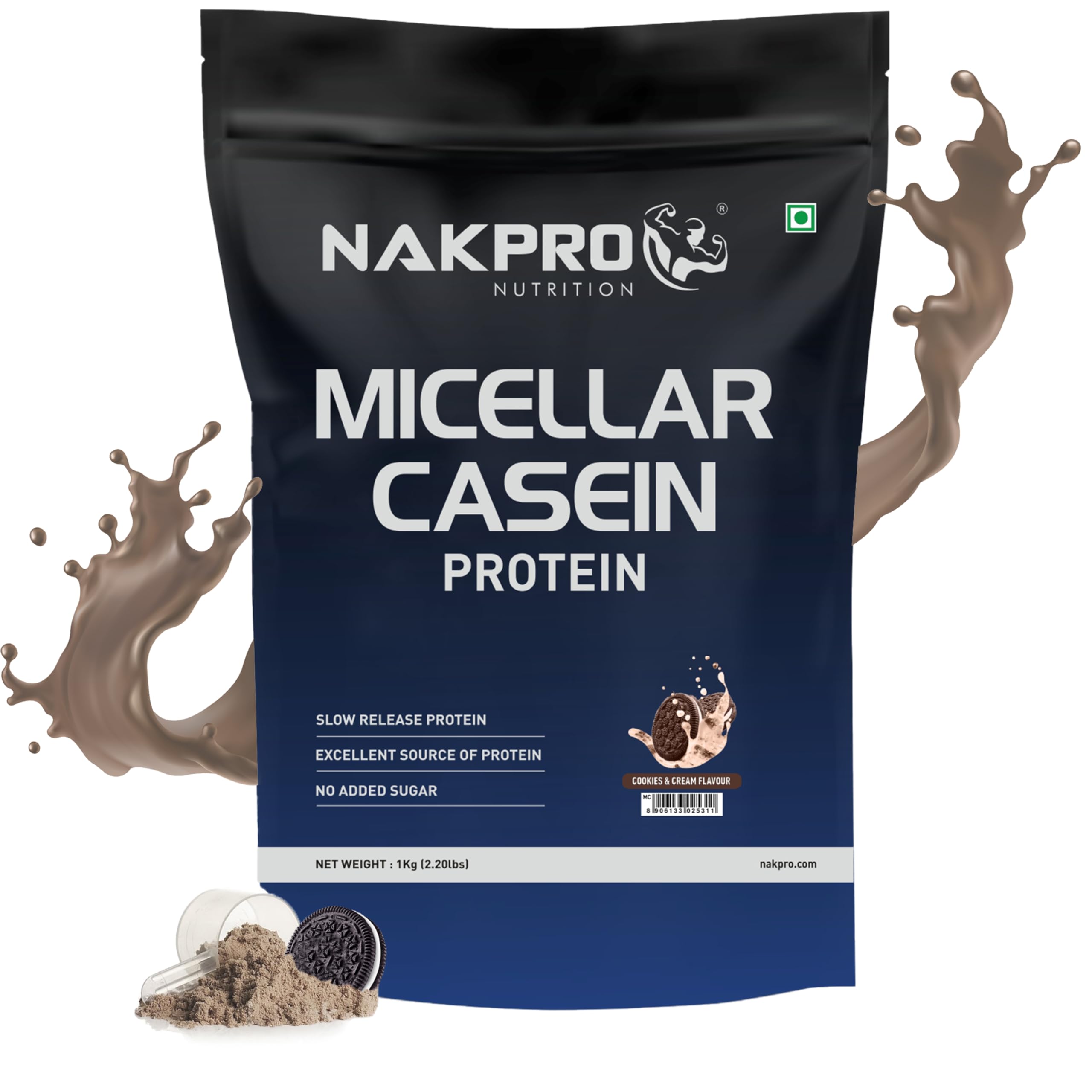 NAKPRO 100% Micellar Casein Protein Supplement |24g Protein, 9.5g EAAs, 4.63g BCAAs| Slow Absorbing Micellar Casein Protein P