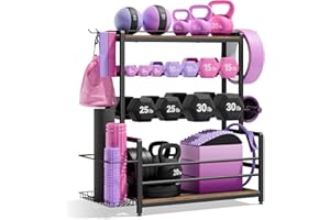 SONGSOSO Home Gym Equipment Weight Rack, 3-Tier Storage Stand for Dumbbells & Kettlebells, Medicine Ball Holder, 272 kg Steel Organizer with Yoga Mat Basket, Hooks & Adjustable Feet, 60 × 40 cm