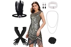 PLULON Vestido Estilo Flapper con Flecos y Lentejuelas de los años 20 con Conjunto de Roaring Accesorios de los años 20