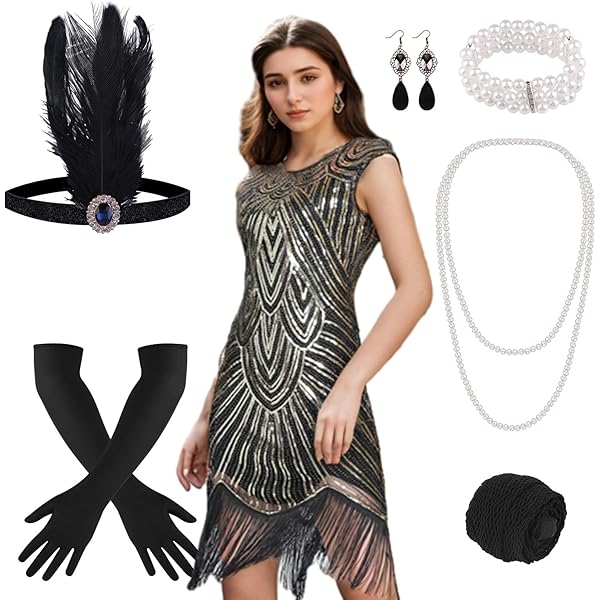 ELFIN Jaren 20 dames flapper jurk met franjes pailletten - 1920s feestkostuum met hoofdband, hoofddeksel, lange zwarte handschoenen, halsketting