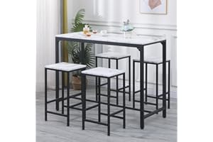 Redd Royal Dining Table and Chairs Set of 4 White Marble-Effect, Kitchen Bar Table and 4 Stools Set for Breakfast Counter Height Space-saving Wood Tabletop Metal Frame Home Apartment