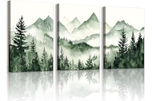 WENGTIAO 3 Pièces Aquarelle Montagne Forêt Tableau Decoration Murale Encadré Toile Peinture Nature Arbre Brumeux Montagne Decoration Murale Salon Maison Deco Chambre 30x40cmx3