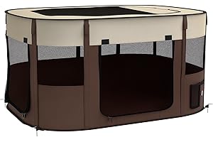 PawHut Parc pour Chien en Tissu Oxford, Parc Chiot, enclos extérieur pour Animaux, avec Poches de Rangement, enclos Pliable pour Chiens Chiots, 114 x 89 x 59 cm, Blanc crème et Marron