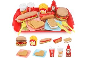 Sotodik Pretend Play Food Set for Children, Removable Fast Food Playset with Tray Hamburger Hotdog Fries Combo, Kitchen Accessories Role Play Toys, Educational Gift for Kids Boys Girls