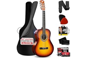 Pyle kit de guitarra acustica para principiantes, Tamaño completo 4/4, 39”, Madera, Puas, Correa, Estuche, Paño de Limpieza, App Afinador