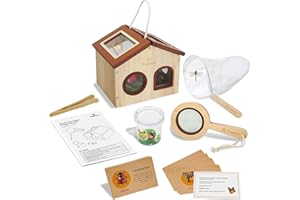 SimpliPlay Kids Bug Catching Kit, 6-in-1 Nature Discovery Kit with Breathable Wooden Critter Habitat House, 15 Bug Learning Guide, Magnifying Glass & Net, Summer Outside Toys, Gift for Kids